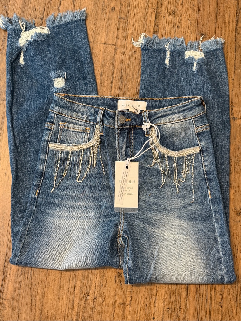 Risen Blue Skinny Jeans with Fringe Chain Detail and Distressed Ankles Size 26/3